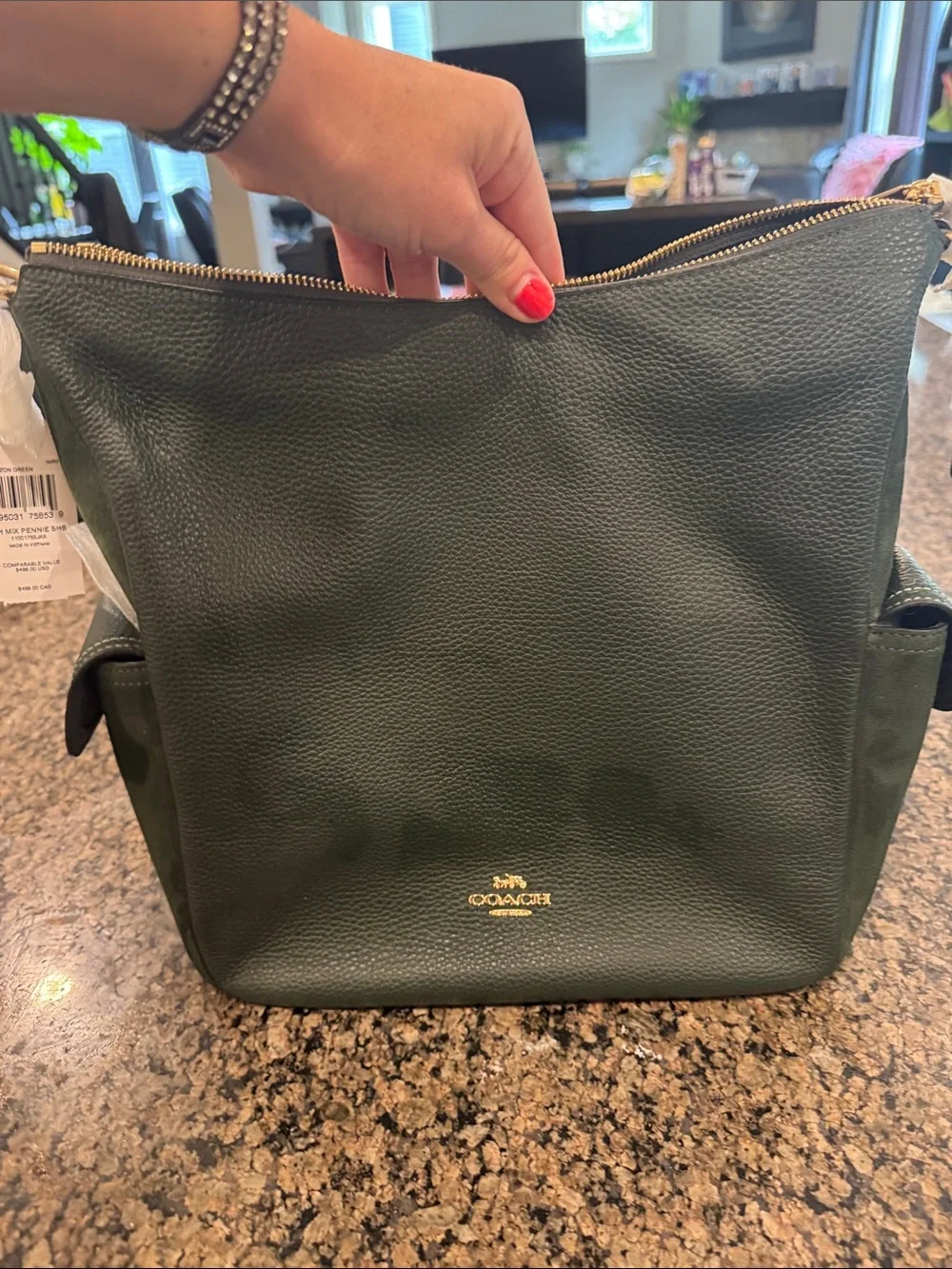 Coach Pebbled Leather Backpack in Dark Green with Gold Hardware